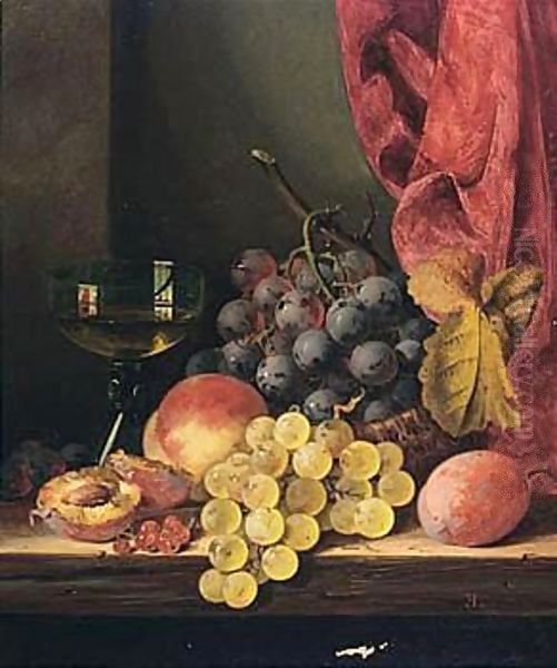 Still Life With Grapes, Peaches And A Glass Oil Painting by Edward Ladell