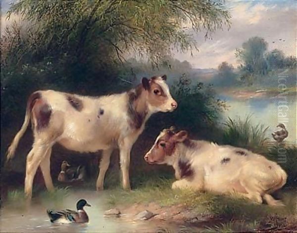 Calves And Ducks Oil Painting by Walter Hunt