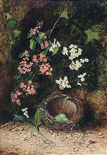 Still Life Of Birds Nest With Primulas And Blossom Oil Painting by John Atkinson Grimshaw