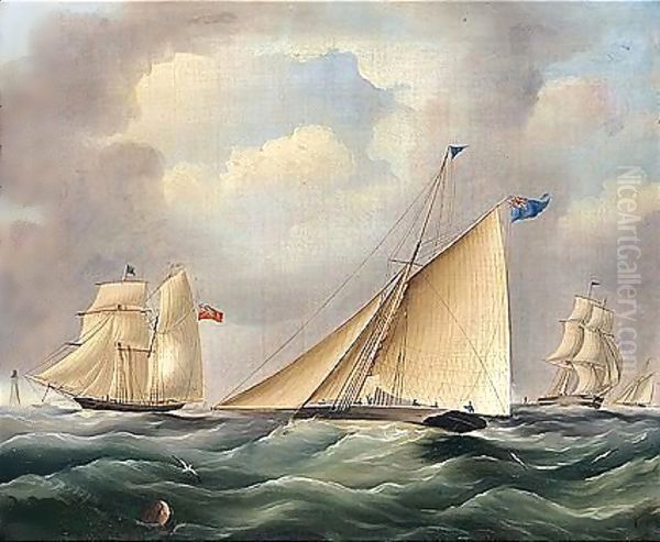 A Cutter And Other Shipping Near A Lighthouse Oil Painting by James E. Buttersworth