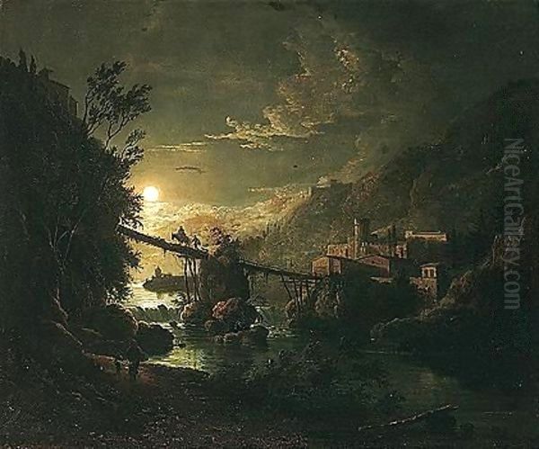 Moonlit River Landscape With Figures Crossing A Bridge Oil Painting by Abraham Pether