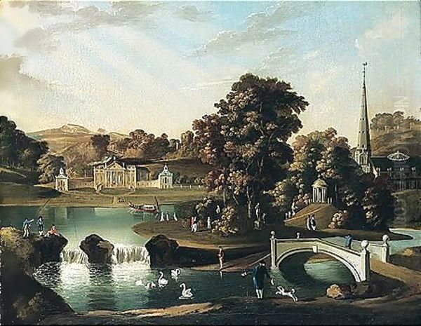 Prospect Of Duncombe Park, Seat Of Thomas Duncombe, With Figures By The Lake Oil Painting by William Hannan