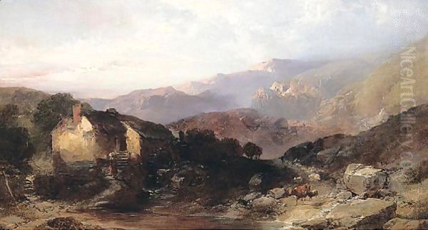 A View In North Wales With An Overshot Mill And Cattle And Sheep Oil Painting by Henry Bright