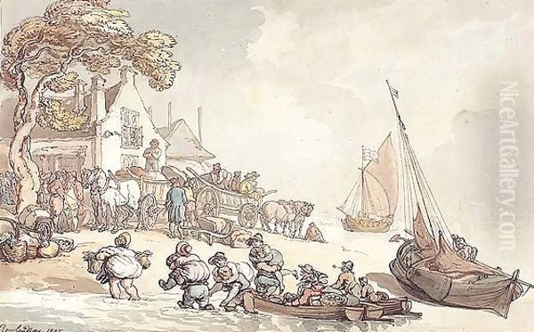 Figures Unloading Fishing Boats On The Shore Oil Painting by Thomas Rowlandson