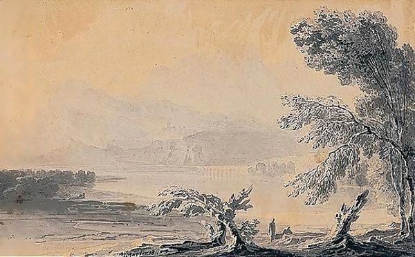 Figures By A Lake With A Bridge Oil Painting by John Martin