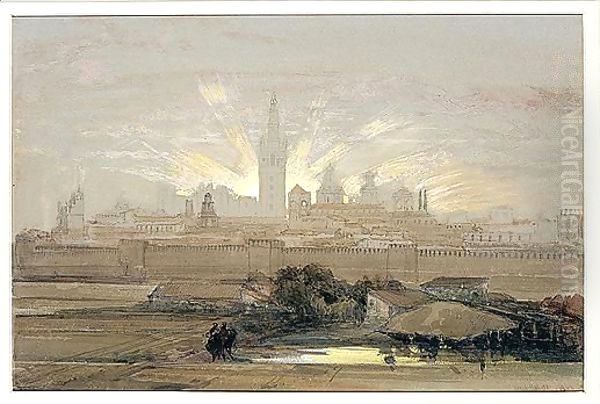 View Of Seville At Sunset Oil Painting by David Roberts