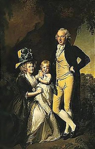 Portrait Of Richard Arkwright With His Wife Mary And Daughter Anne Oil Painting by Josepf Wright Of Derby