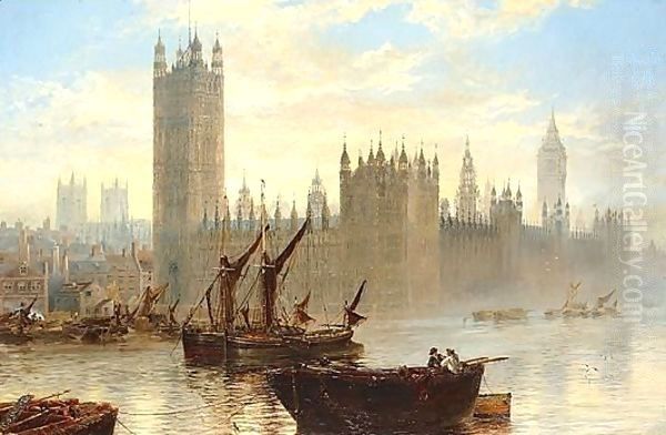 The Houses Of Parliament From The Thames Oil Painting by Claude T. Stanfield Moore