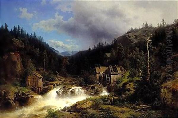 Landscape with a watermill Oil Painting by Herman Herzog