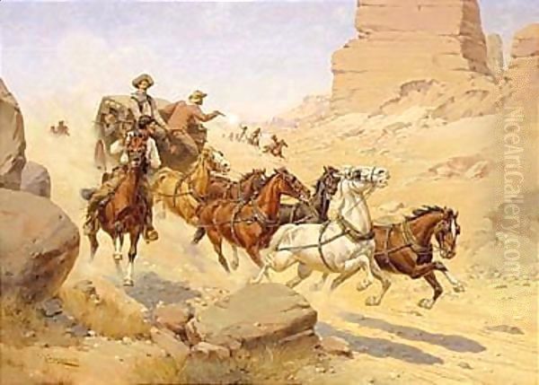 Attack on the stagecoach Oil Painting by Herman Wendleborg Hansen