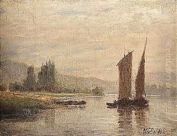 Sailing barge on the river Oil Painting by Lef Feliksovich Lagorio