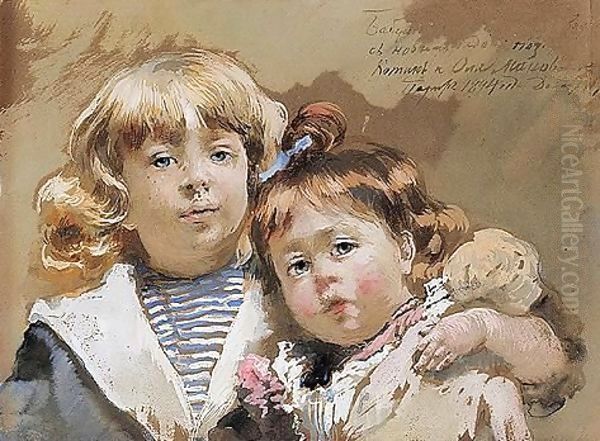 New Year 1894 Katya And Olga Makovsky Oil Painting by Konstantin Egorovich Egorovich Makovsky