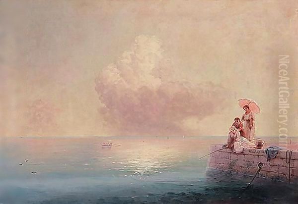 Elegant ladies fishing at the water's edge Oil Painting by Ivan Konstantinovich Aivazovsky