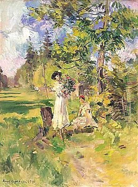 Young ladies gathering flowers Oil Painting by Konstantin Alexeievitch Korovin