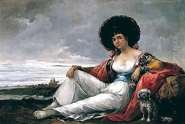 La Maja Del Perrito ('Maja' With A Small Dog) Oil Painting by Eugenio Lucas Velazquez