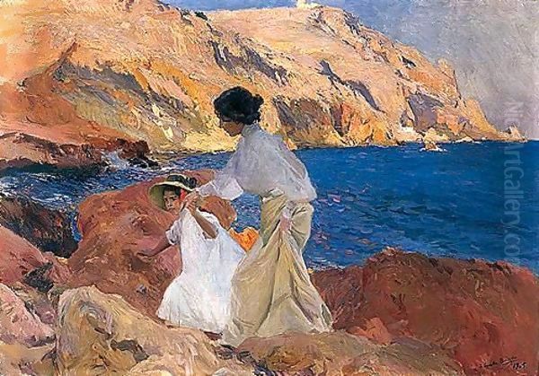 Clotilde Y Elena En Las Rocas, Javea (Clotilde And Elena On The Rocks, Javea) Oil Painting by Joaquin Sorolla Y Bastida