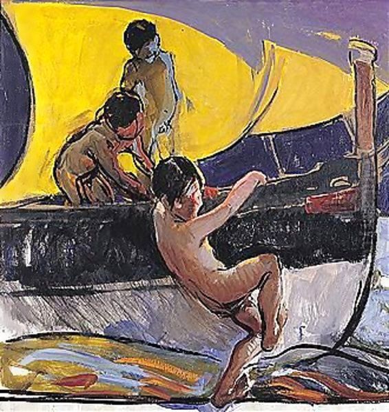 Ninos Jugando En Una Barca (Children Playing In A Boat) Oil Painting by Joaquin Sorolla Y Bastida