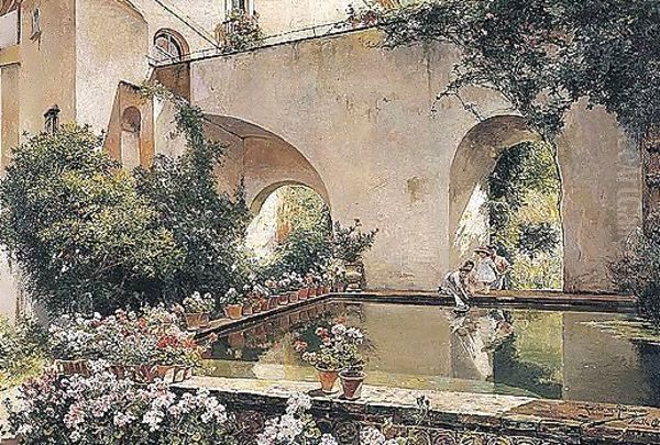 Patio Andaluz (Andalusian Courtyard) Oil Painting by Manuel Garcia y Rodriguez