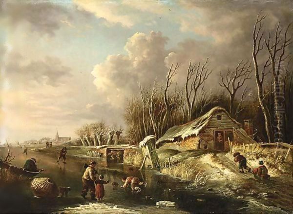 A Winter Scene With Skaters On A River, Two Children Sleigh Riding On A Oil Painting by Andries Vermeulen