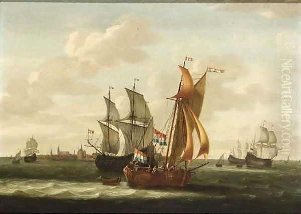 A Kaag, Small Cargo Ships And Other Vessels On The Zuiderzee With A View Oil Painting by Jacob Gerritz Loef