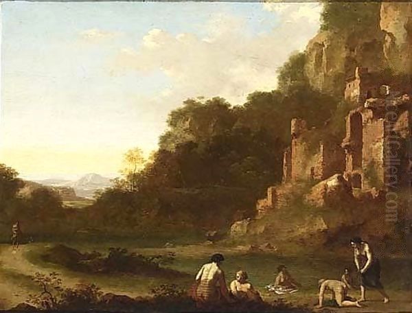 Nymphs Bathing In A Landscape With Ruins Oil Painting by Cornelis Van Poelenburgh