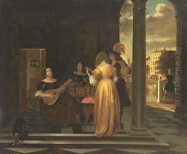 An Elegant Company Making Music In A Vestibule, With A View Of A City Oil Painting by Pieter De Hooch