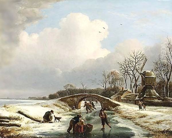 A Winter Landscape With Figures Skating Near A Windmill Oil Painting by Andries Vermeulen