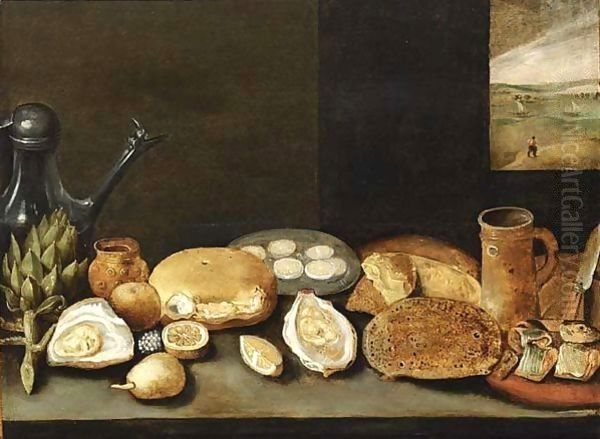 A Pewter Jug, Oysters, Lemons Oil Painting by Frans II Francken