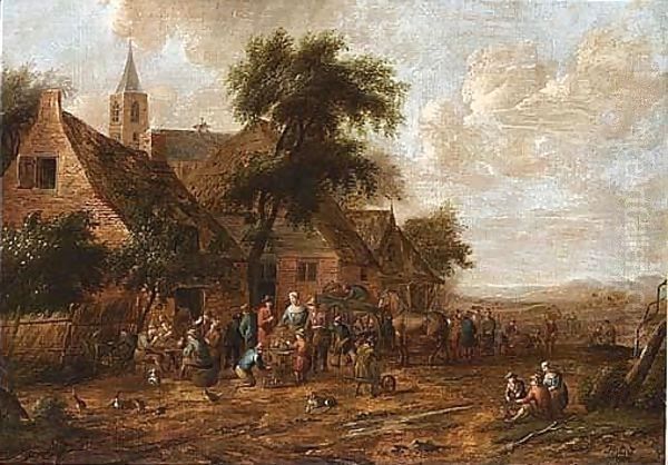 A Village Scene With Figures Smoking And Drinking Outside An Inn Oil Painting by Thomas Heeremans