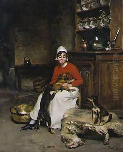 The Kitchen Maid With Three Puppies Oil Painting by Claude Joseph Bail