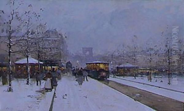 La Fete De Neuilly And Paris In The Snow, Porte Maillot A Pair Oil Painting by Eugene Galien-Laloue