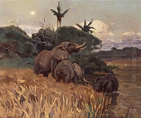 A Herd Of Elephants By Moonlight Oil Painting by Wilhelm Kuhnert