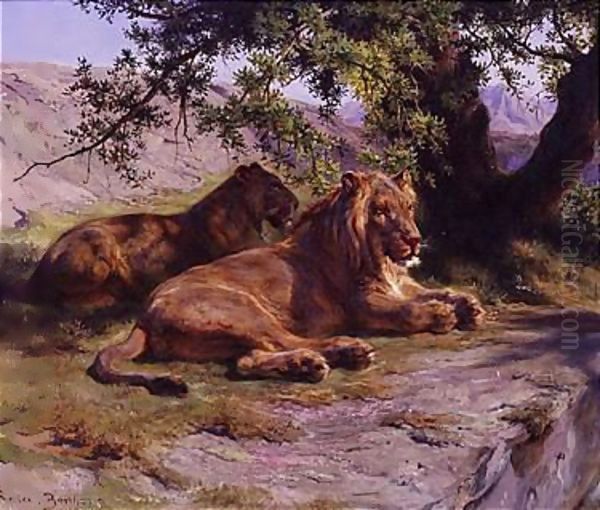 Lions In A Landscape Oil Painting by Rosa Bonheur