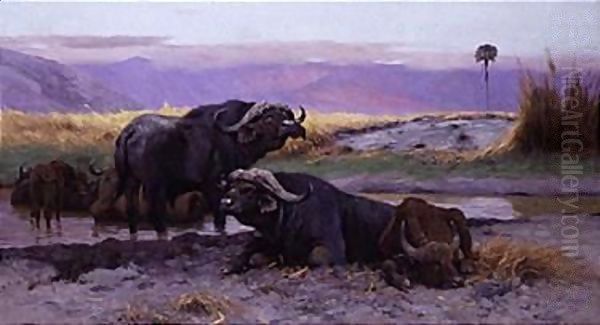 Buffalo Along The Riverbank Oil Painting by Wilhelm Kuhnert