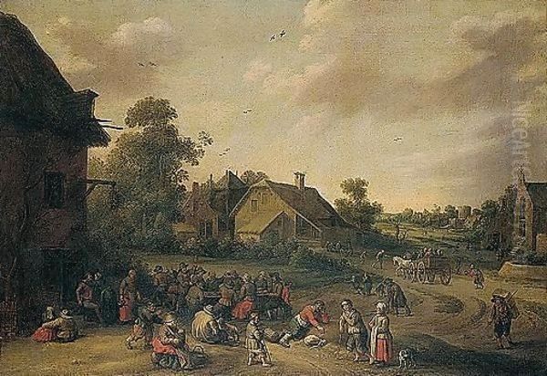 A Landscape With Peasants Merrymaking Outside An Inn Oil Painting by Joost Cornelisz. Droochsloot