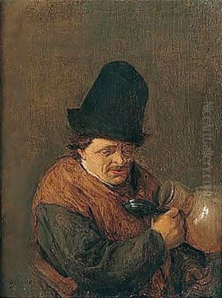 A Peasant Drinking From A Flaggon Oil Painting by Adriaen Jansz. Van Ostade