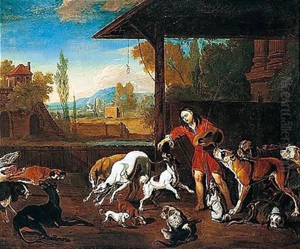 Feeding The Dogs Oil Painting by Abraham Danielsz Hondius