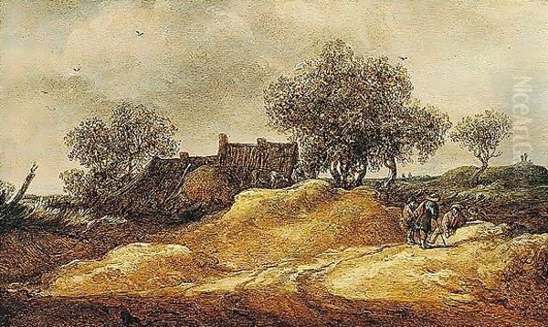 A Dune Landscape With Figures Conversing Near Cottages Oil Painting by Jan van Goyen