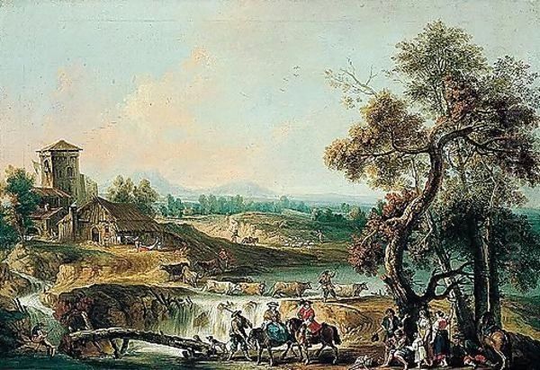 A river landscape with elegant travellers and other figures by a wooden bridge Oil Painting by Giovanni Battista Tiepolo