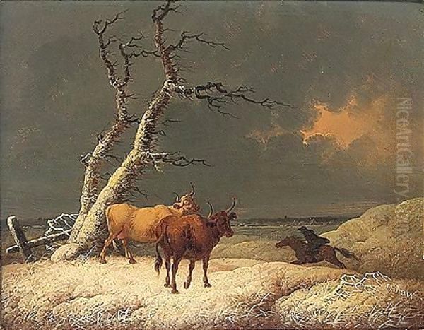 Horse and rider passing cattle in winter landscape Oil Painting by Joshua Shaw