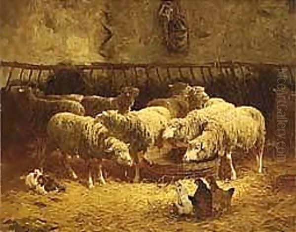 Sheep In A Barn Oil Painting by Charles Emile Jacque