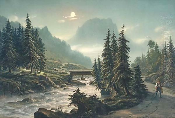 Pont Du Lutschine Vers Le Hunefluh Oil Painting by Ludwig Bleuler