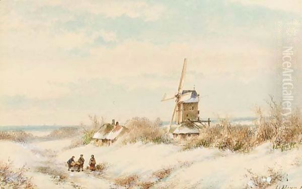 A Winter Landscape Oil Painting by Lodewijk Johannes Kleijn