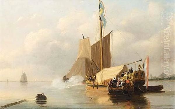 A Vessel Firing A Salute Oil Painting by Nicolaas Johannes Roosenboom