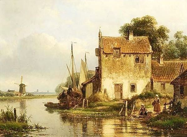 A River Landscape With Anglers And Washerwomen By A Town Oil Painting by Lodewijk Johannes Kleijn