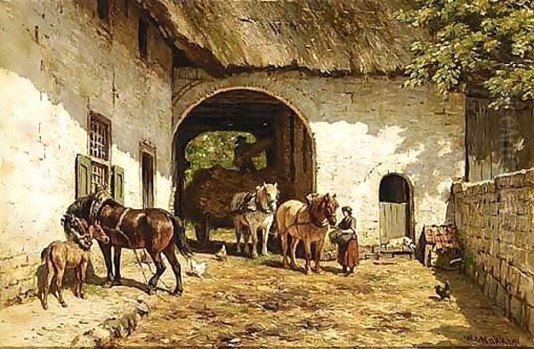 Feeding The Horses Oil Painting by Willem Carel Nakken