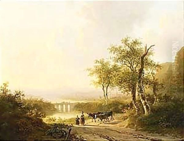 An Extensive Landscape With Travellers On A Path Oil Painting by Willem De Klerk