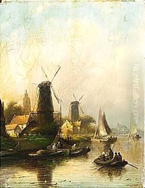 Mills In A River Landscape Oil Painting by Jan Jacob Coenraad Spohler