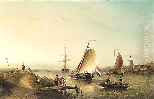 A River Scene With Sailing Vessels And Figures On A Riverbank Oil Painting by Nicolaas Riegen