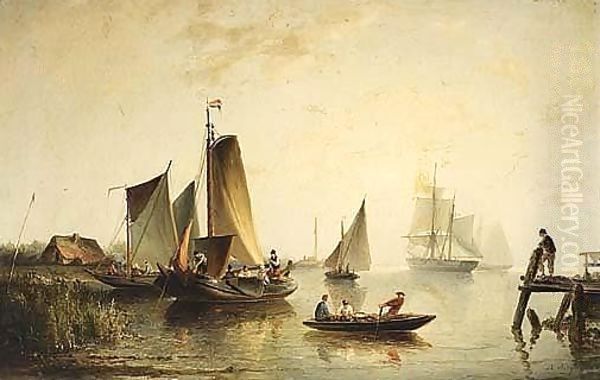 A River Landscape With Sailing Vessels Oil Painting by Nicolaas Riegen